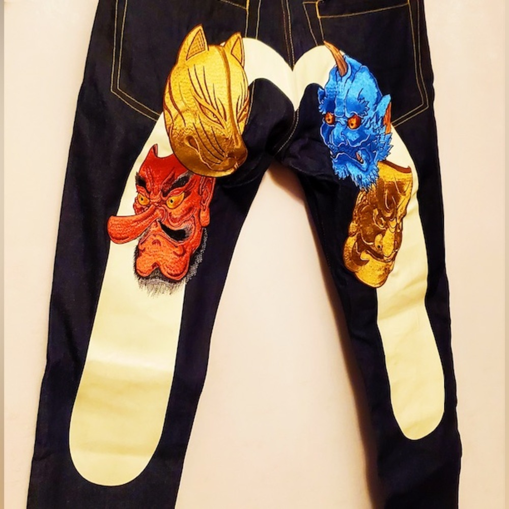 Evisu Black Jeans with Colorful Mask Embroidery